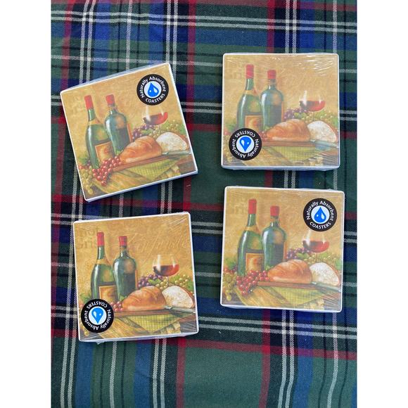 BRAND NEW Set of 4 Wine Themed Cork-Backed Stone Coasters - Picture 1 of 4